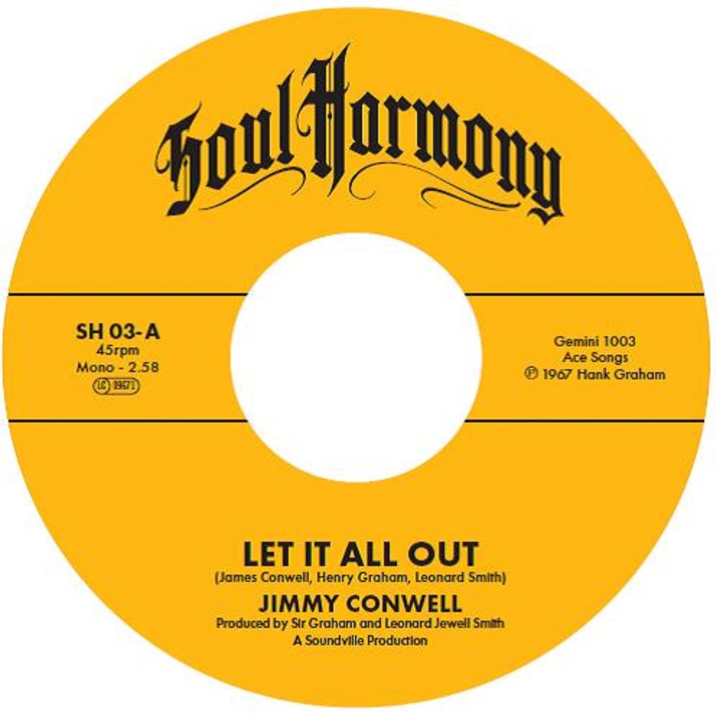 Yellow vinyl record label with black text: "Soul Harmony" and song details.