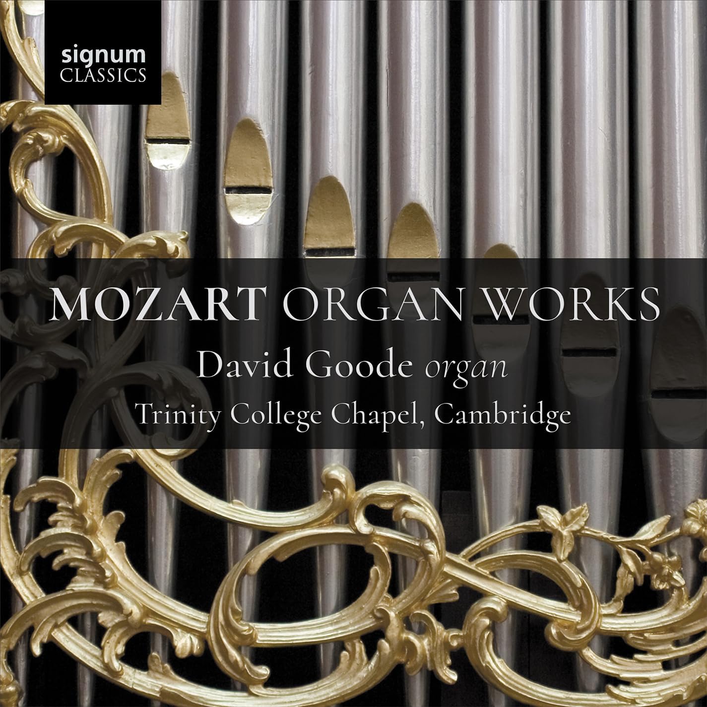 CD cover for David Goode’s “Mozart Organ Works” featuring organ pipes.
