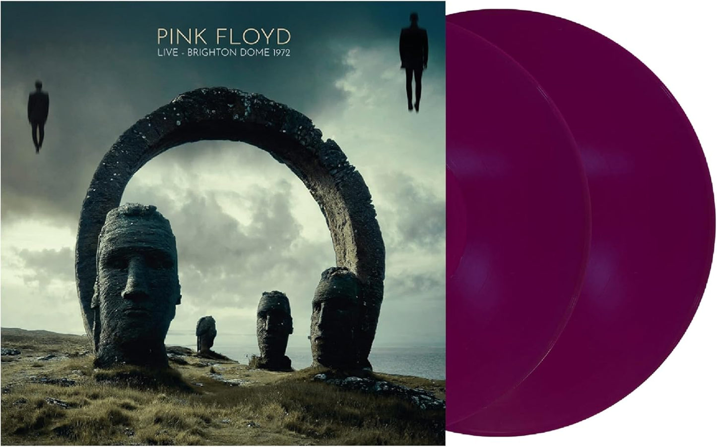 Pink Floyd album cover with stone heads and purple vinyl records.