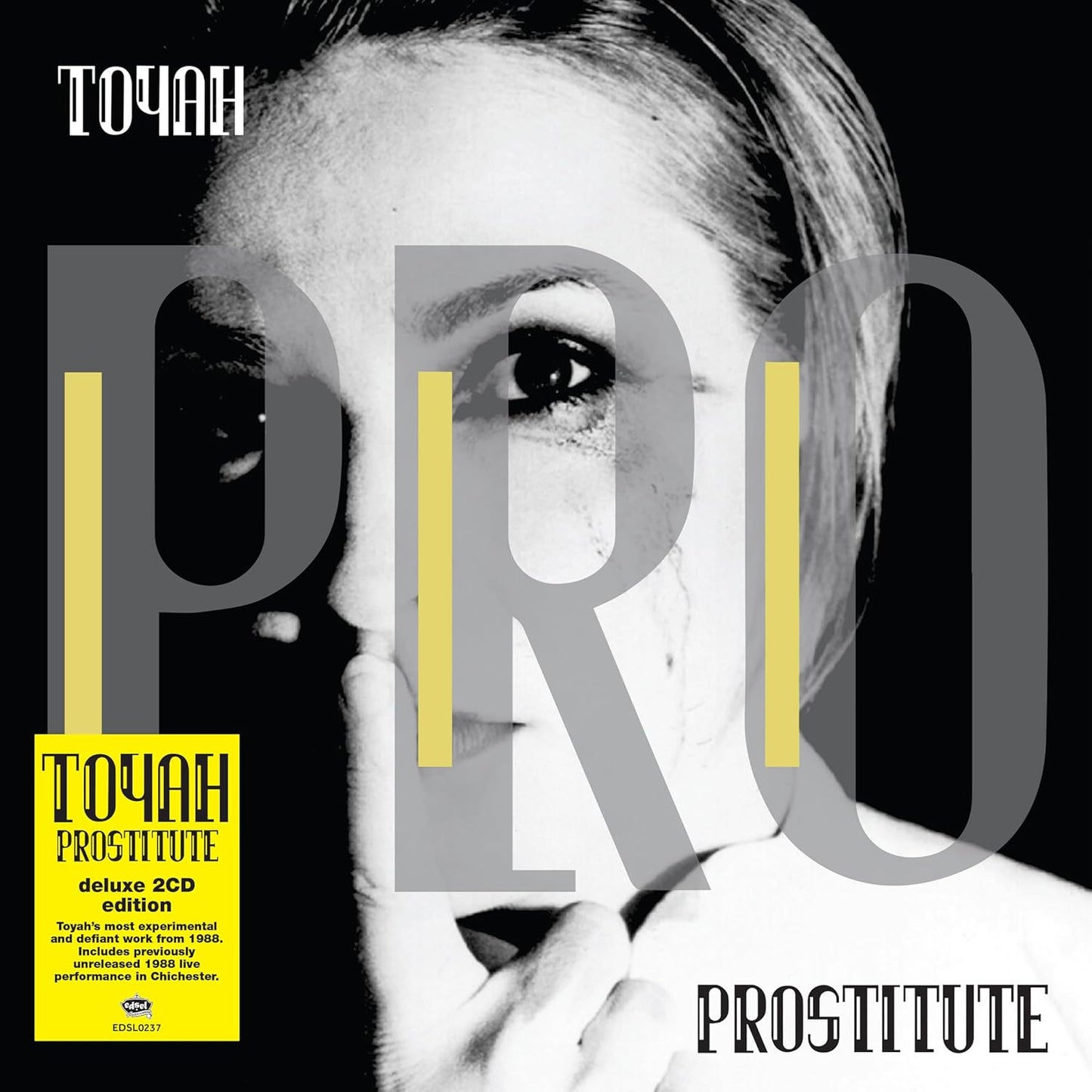 Black and white close-up portrait of Toyah with large grey letters PRO overlaid.