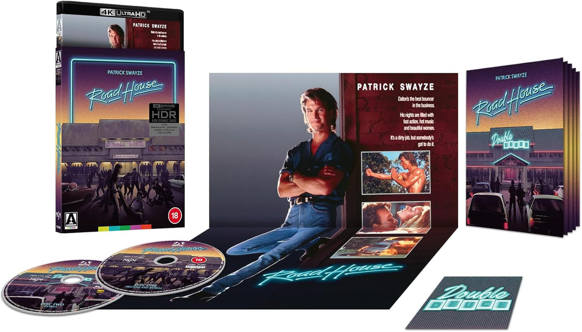 “Road House” Blu-ray packaging featuring Patrick Swayze, discs, and bar scene artwork.