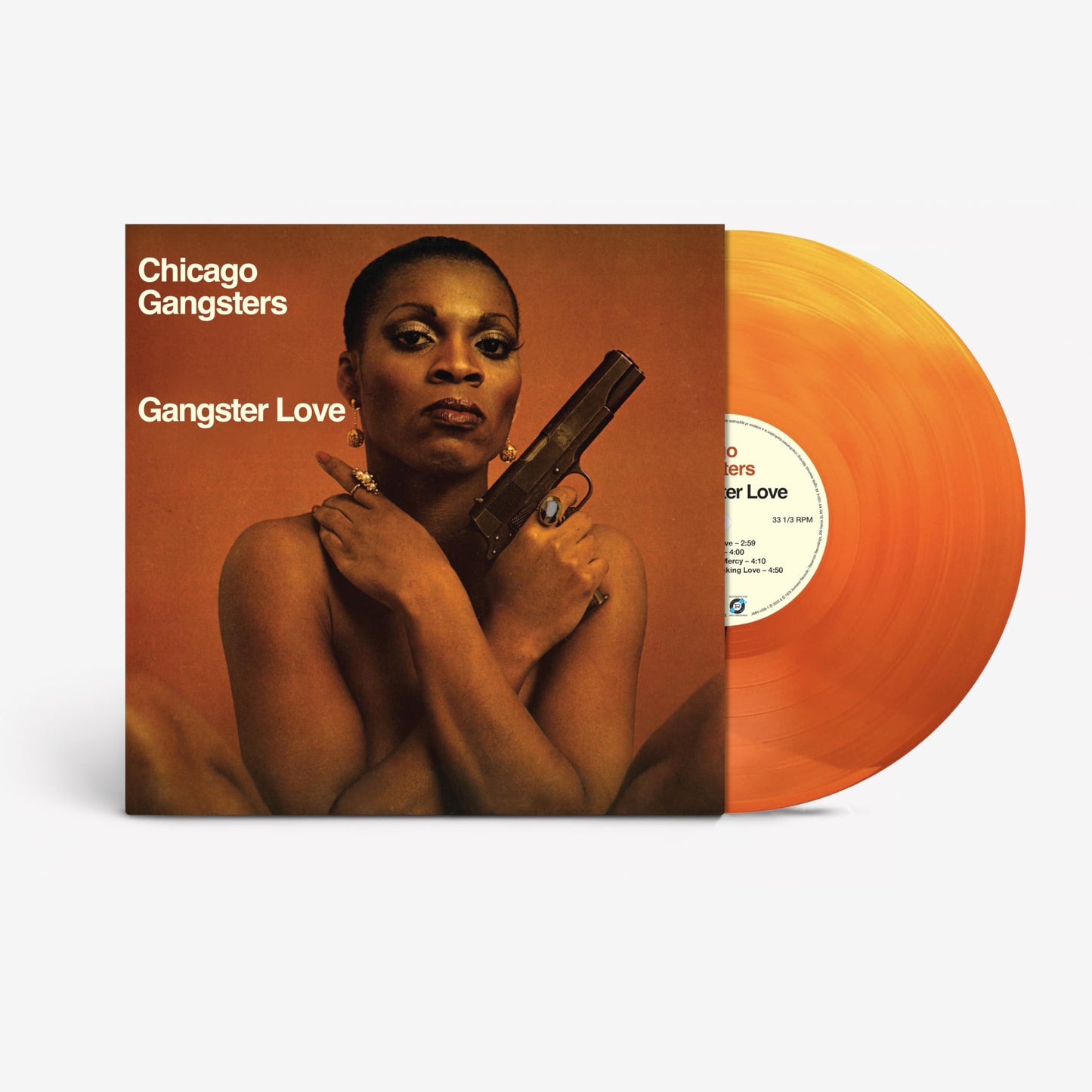 Vinyl record with a portrait of a woman holding a gun, orange color.