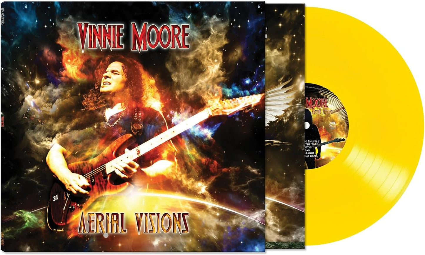 Vinnie Moore "Aerial Visions" vinyl record with guitarist portrait and yellow disc.