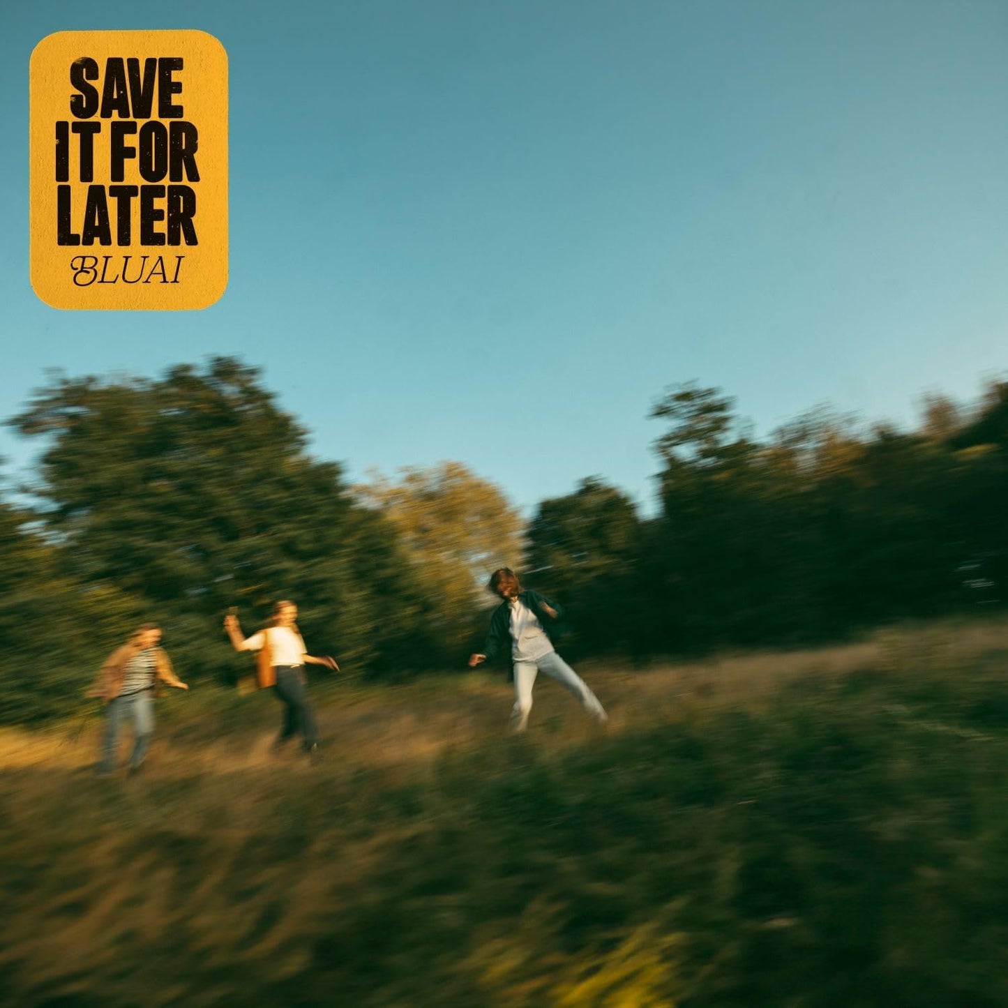 CD cover for Bluai’s “Save It For Later” with blurred figures running.
