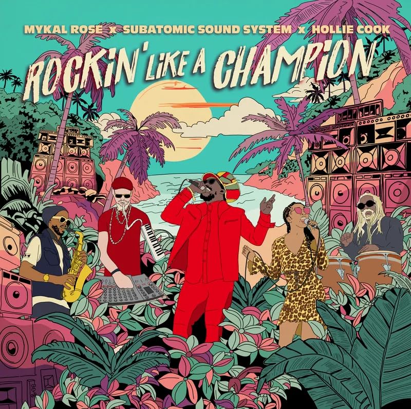 Album cover with musicians performing amidst tropical plants and sound system.