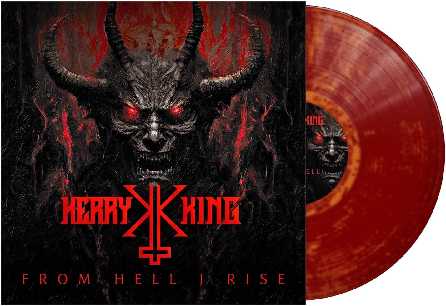 Kerry King album cover featuring a horned demon next to a marbled red vinyl.