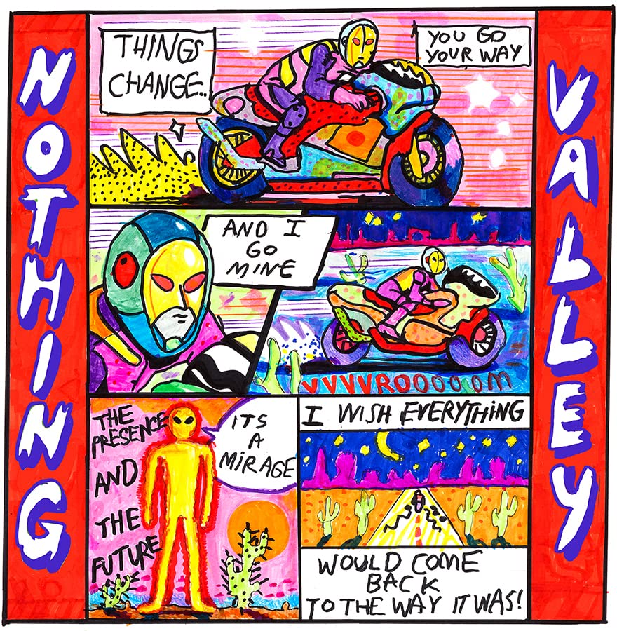 CD cover for Melkbelly’s “Nothing Valley” featuring colorful, comic-style illustration.