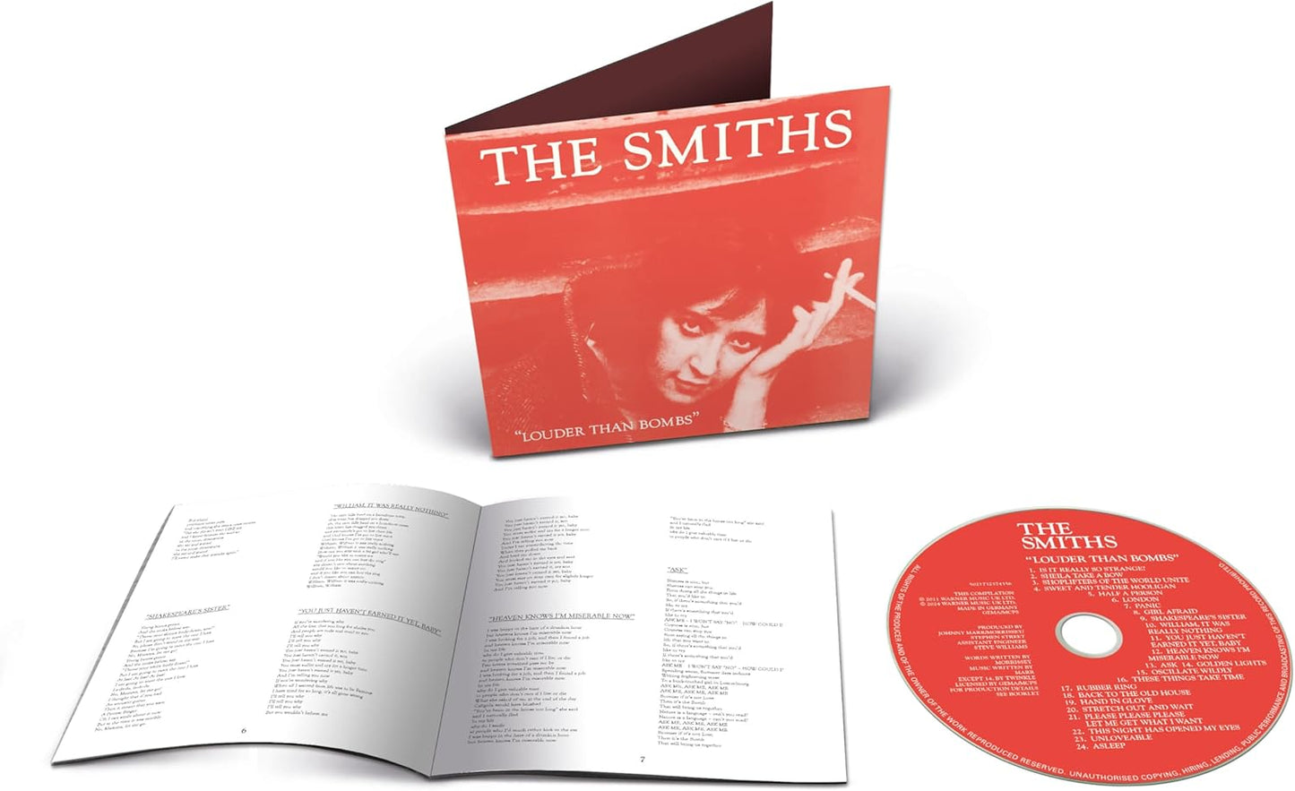 CD case of The Smiths’ “Louder Than Bombs” album, open to tracklist.