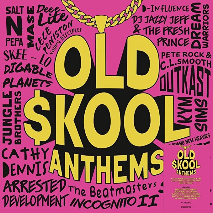 Vinyl record cover for “Old Skool Anthems” with bold yellow text on pink.