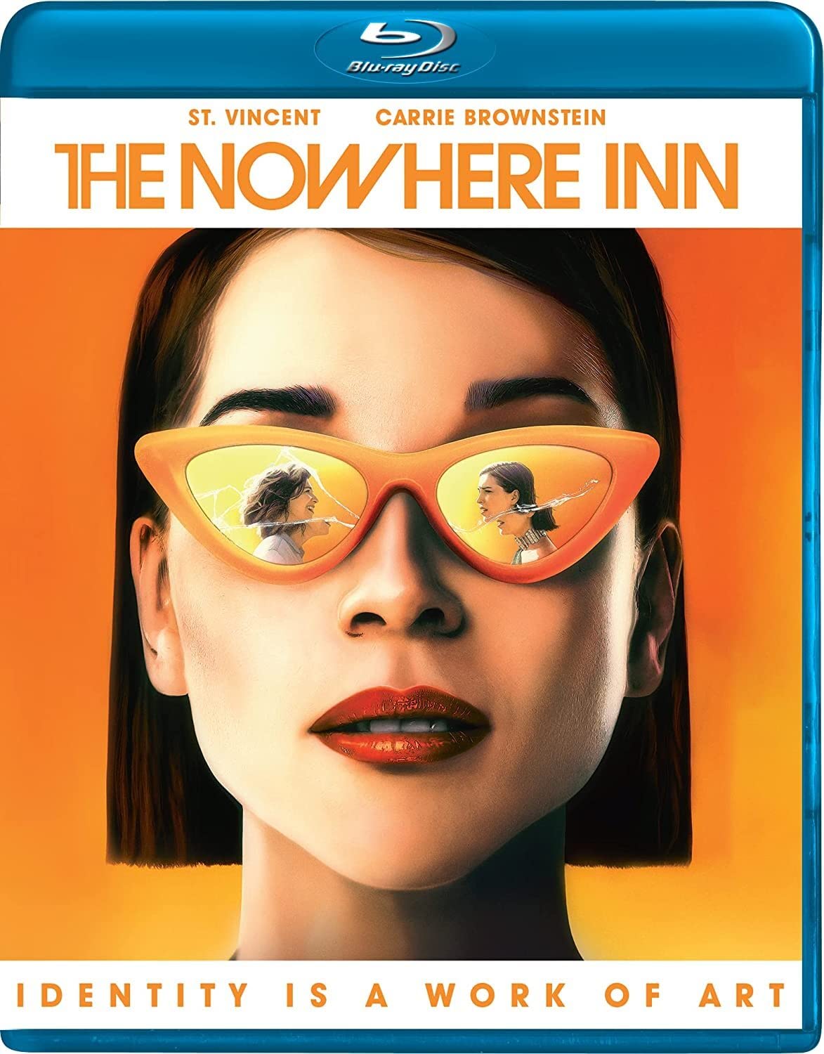 Blu-ray cover for "Nowhere Inn" featuring a woman in large orange sunglasses.