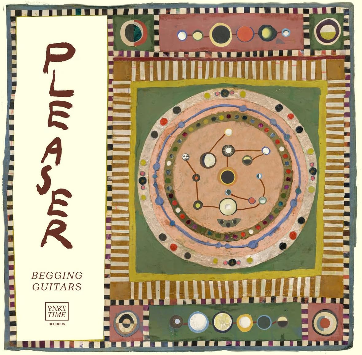 Album cover for Pleaser’s “Begging Guitars” with abstract circular design.