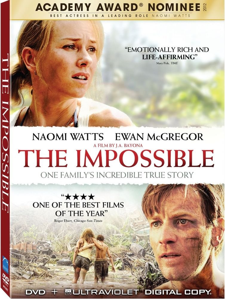 DVD cover for "The Impossible" featuring Naomi Watts and Ewan McGregor.