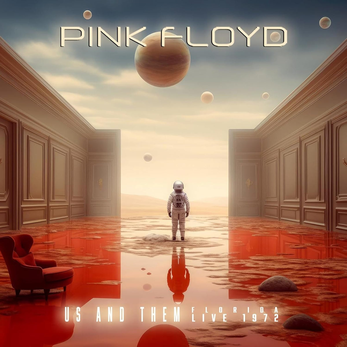 Pink Floyd album cover: astronaut in a pink, mirrored hallway.