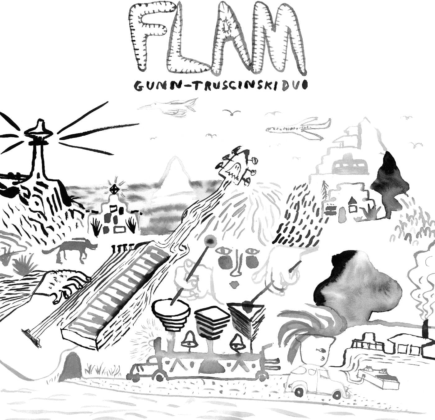 Black and white album cover illustration with landscapes, animals, and objects.