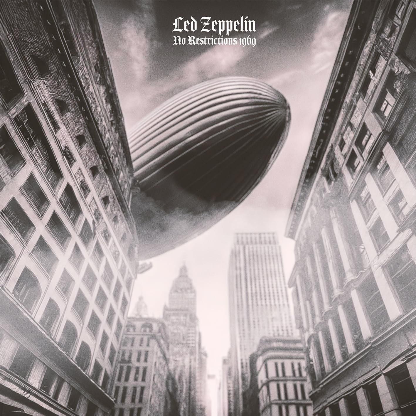 Led Zeppelin "No Restrictions 1969" album cover with a zeppelin and city.