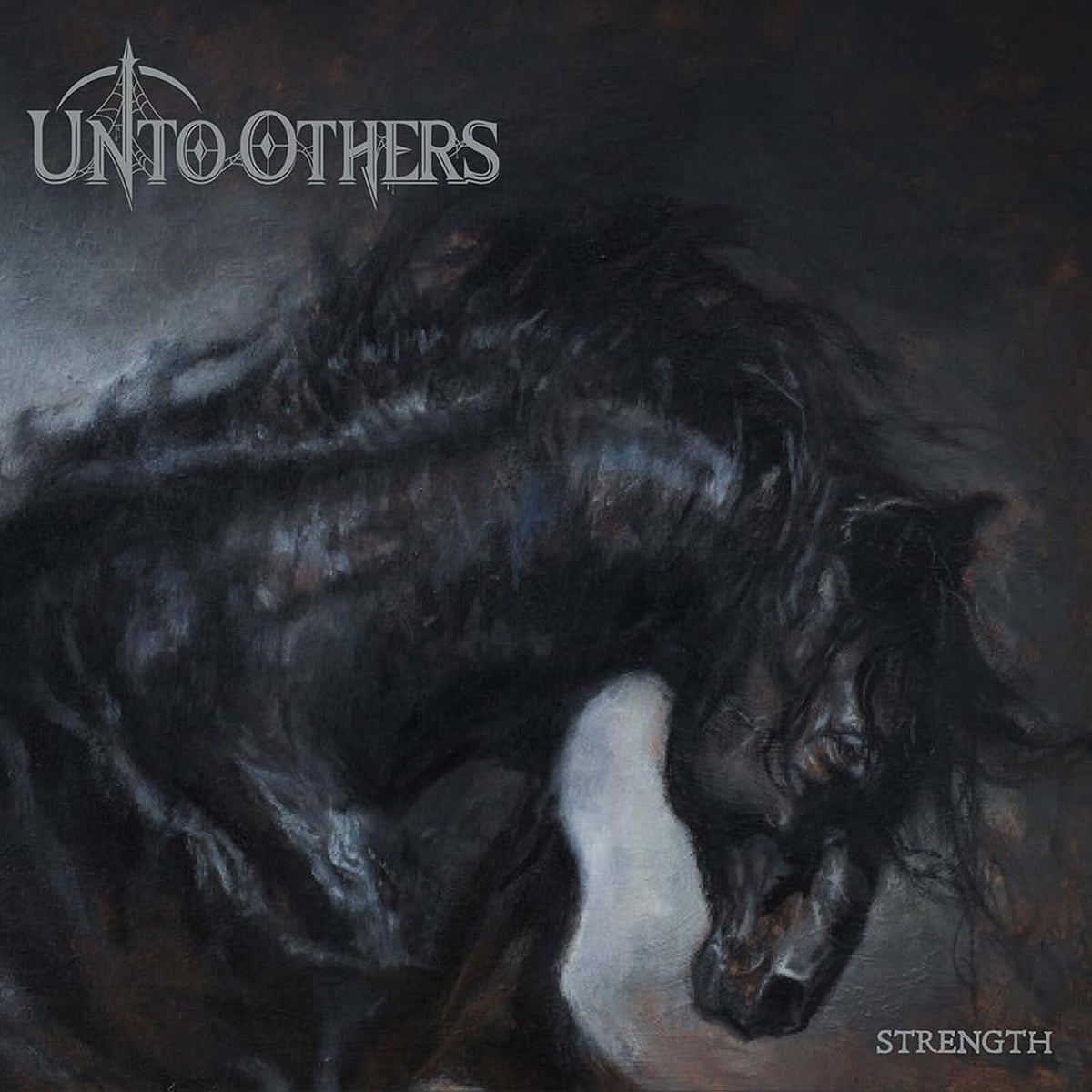 CD cover for Unto Others’ “Strength” featuring a dark, painted horse image.