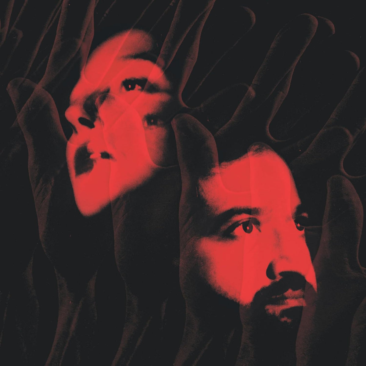 Red and black distorted image of a person’s face, vinyl record cover.