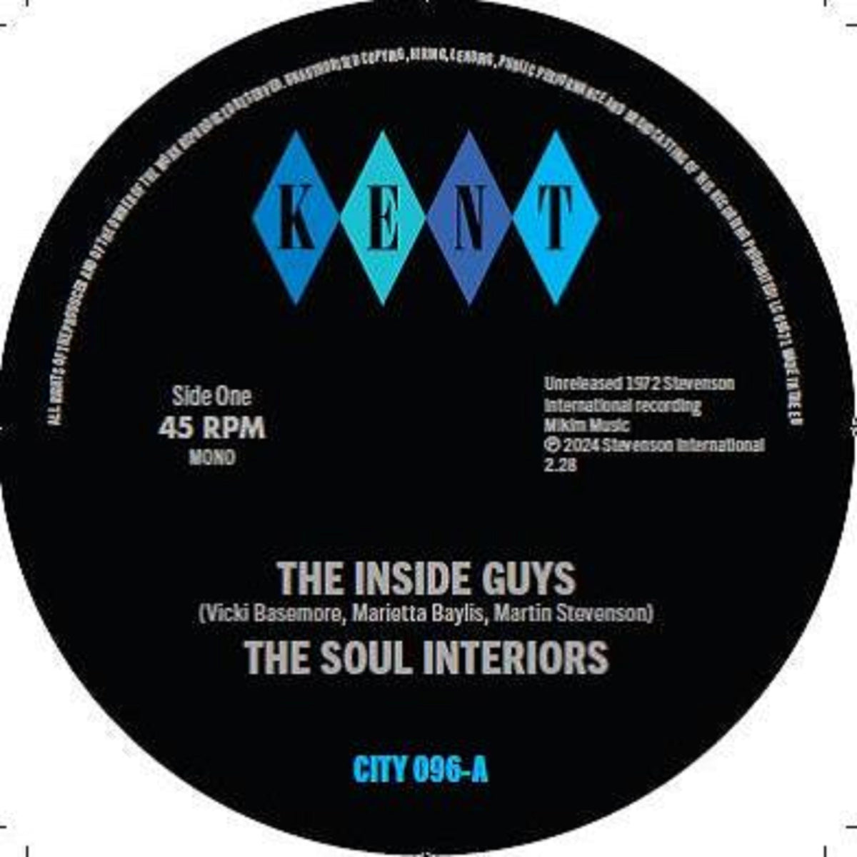Black vinyl record label with blue diamond shapes and white text.