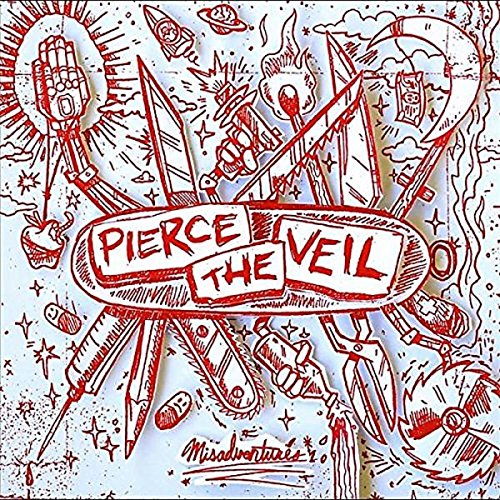 Red line art album cover for Pierce The Veil’s “Misadventures.”