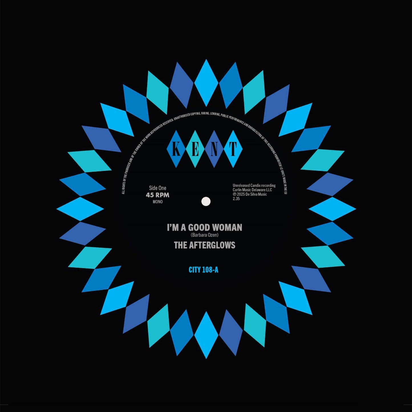 Black vinyl record label with a blue abstract sunburst design.