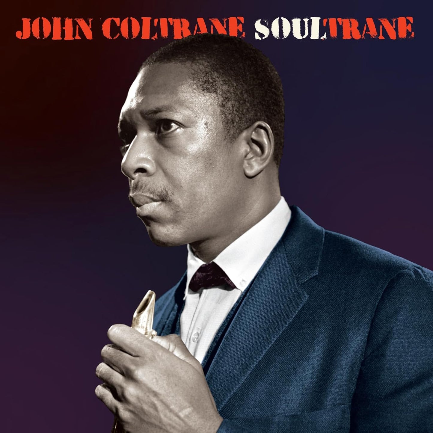 John Coltrane album cover, portrait of musician with saxophone.