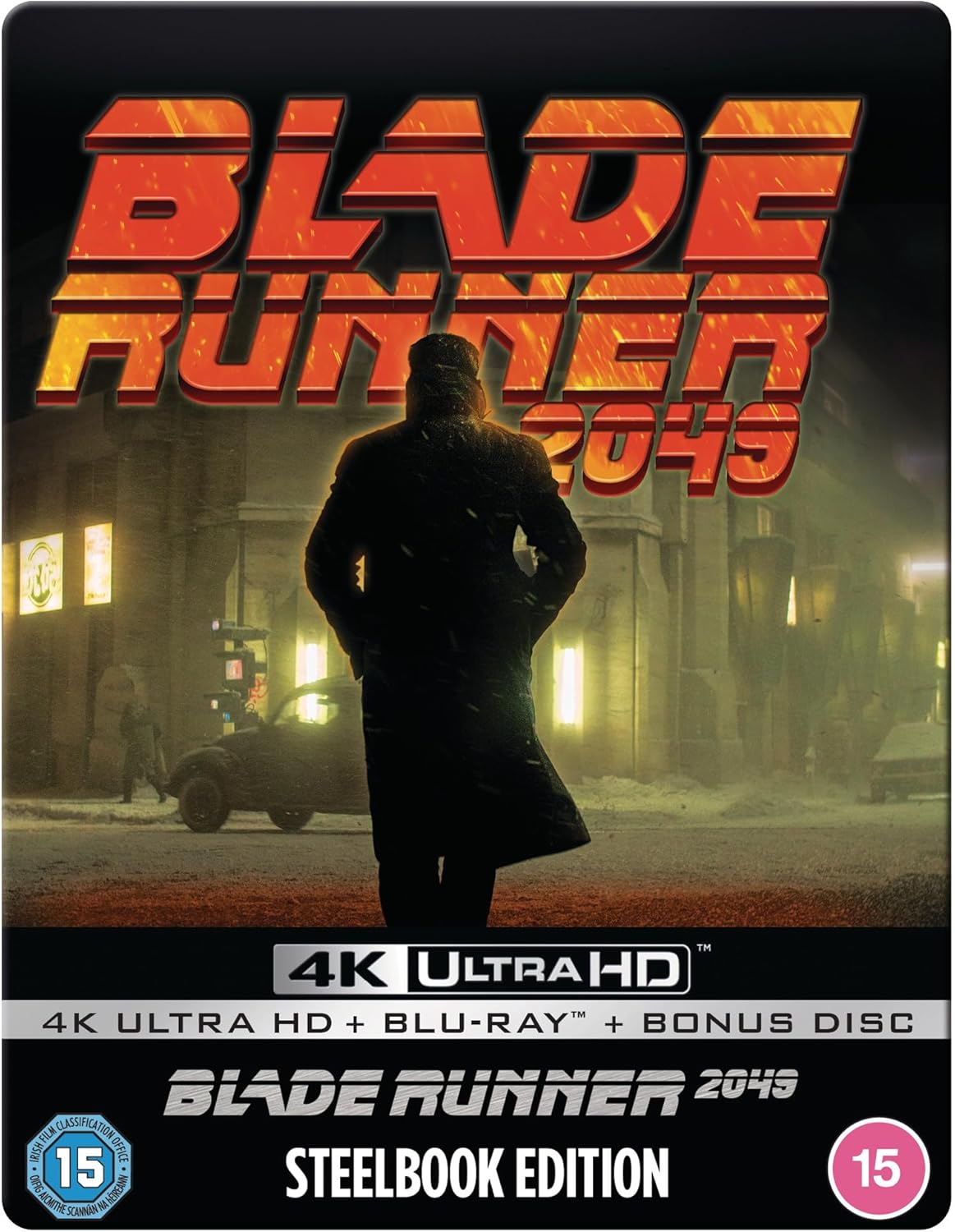 Steelbook cover for Blade Runner 2049, featuring a figure in a coat.