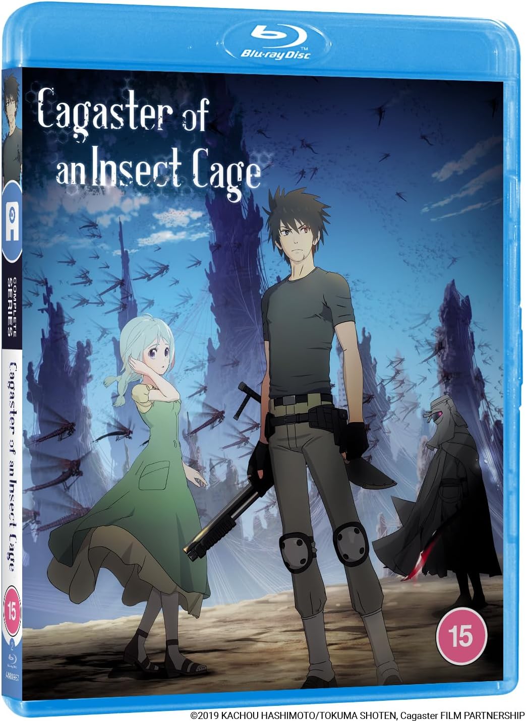 Cagaster of an Insect Cage" Blu-ray cover featuring anime characters and a cityscape.