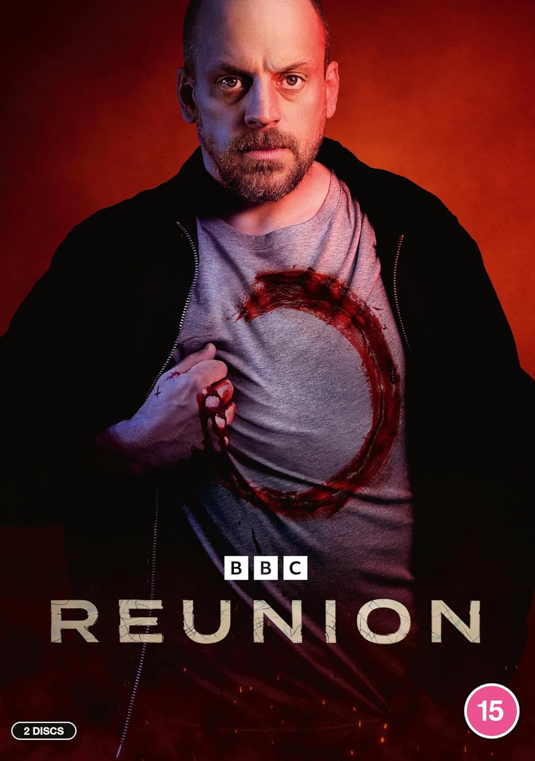 DVD cover for "Reunion" featuring a distressed man and bloodstain.