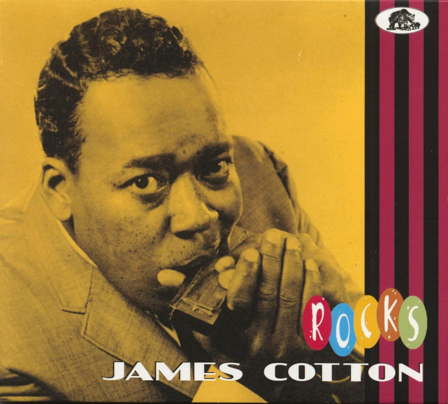 CD cover featuring James Cotton playing a harmonica, yellow and pink background.