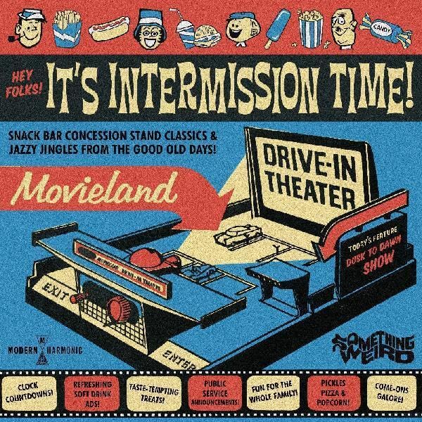 Vinyl record cover with illustrated intermission snacks and a drive-in theater.