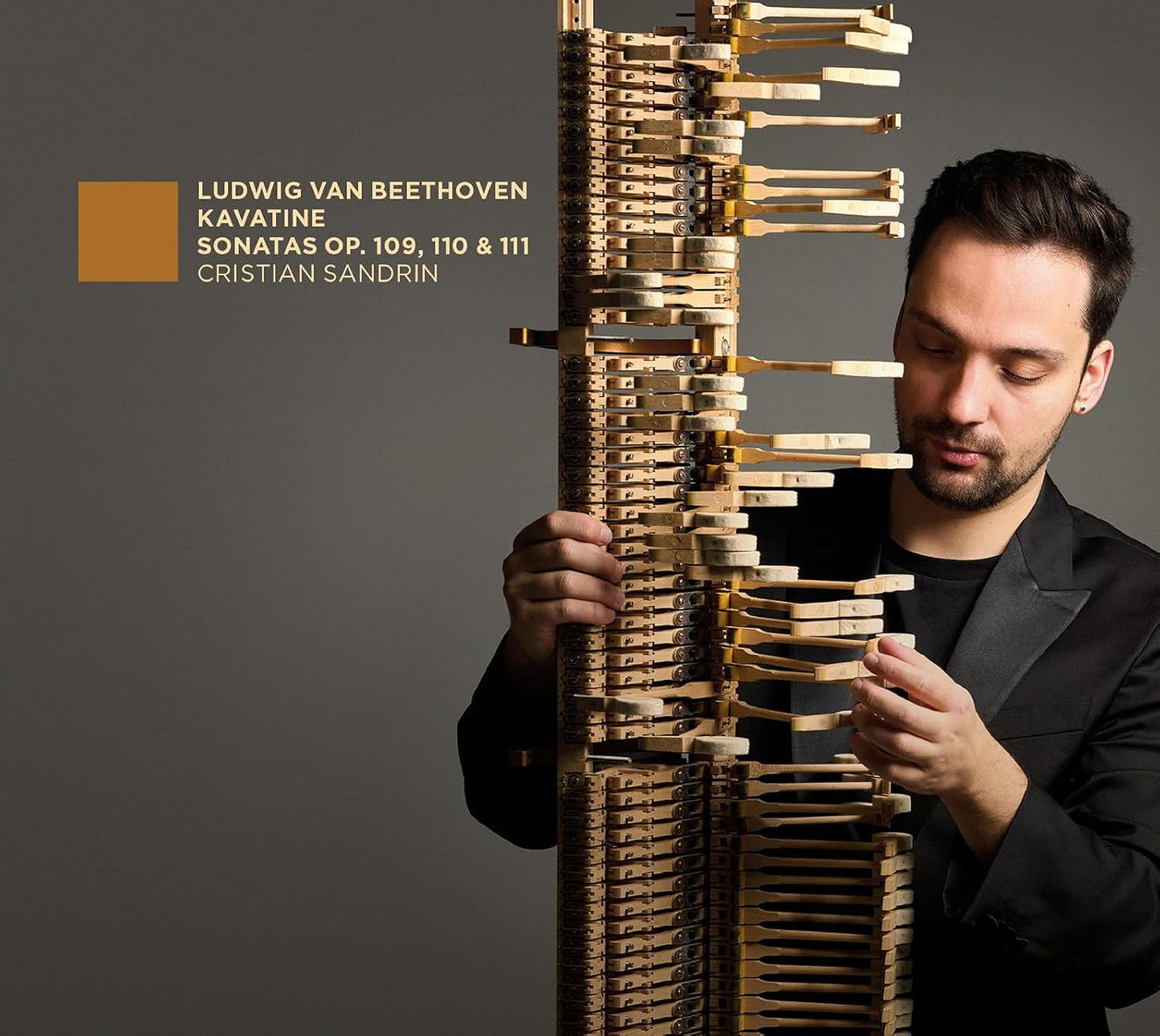 CD cover featuring pianist Cristian Sandrin and a complex wooden instrument.
