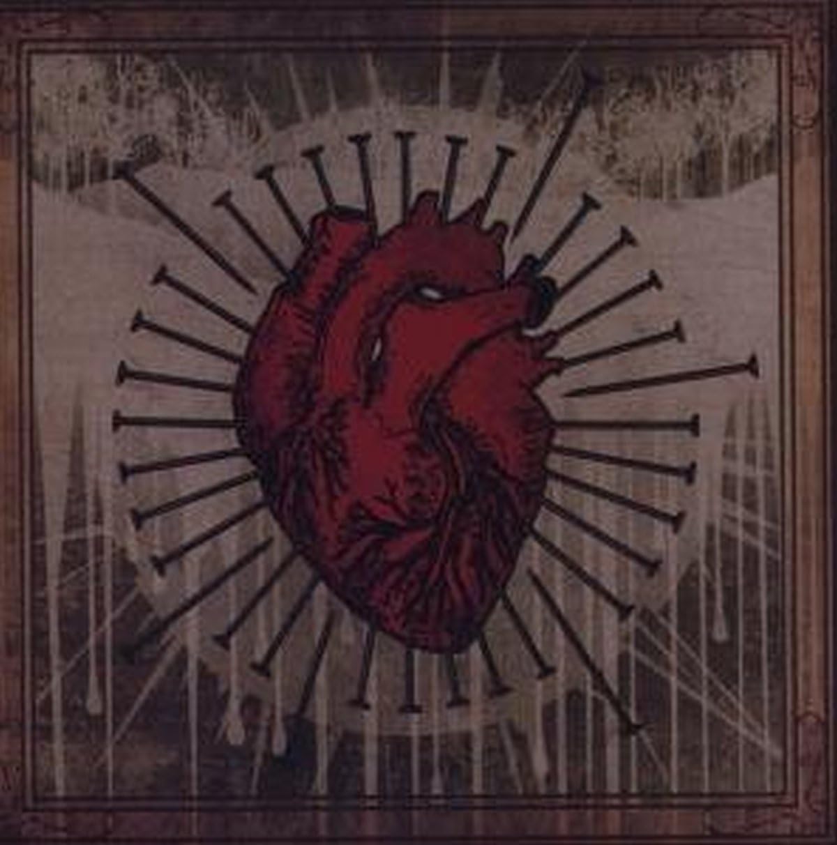 Red anatomical heart pierced by many nails, dark and textured background.