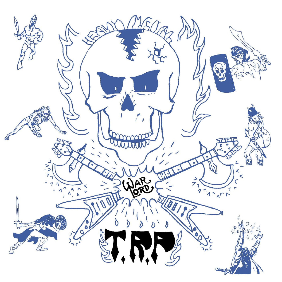 Blue line art of a skull with crossed swords and warrior figures.