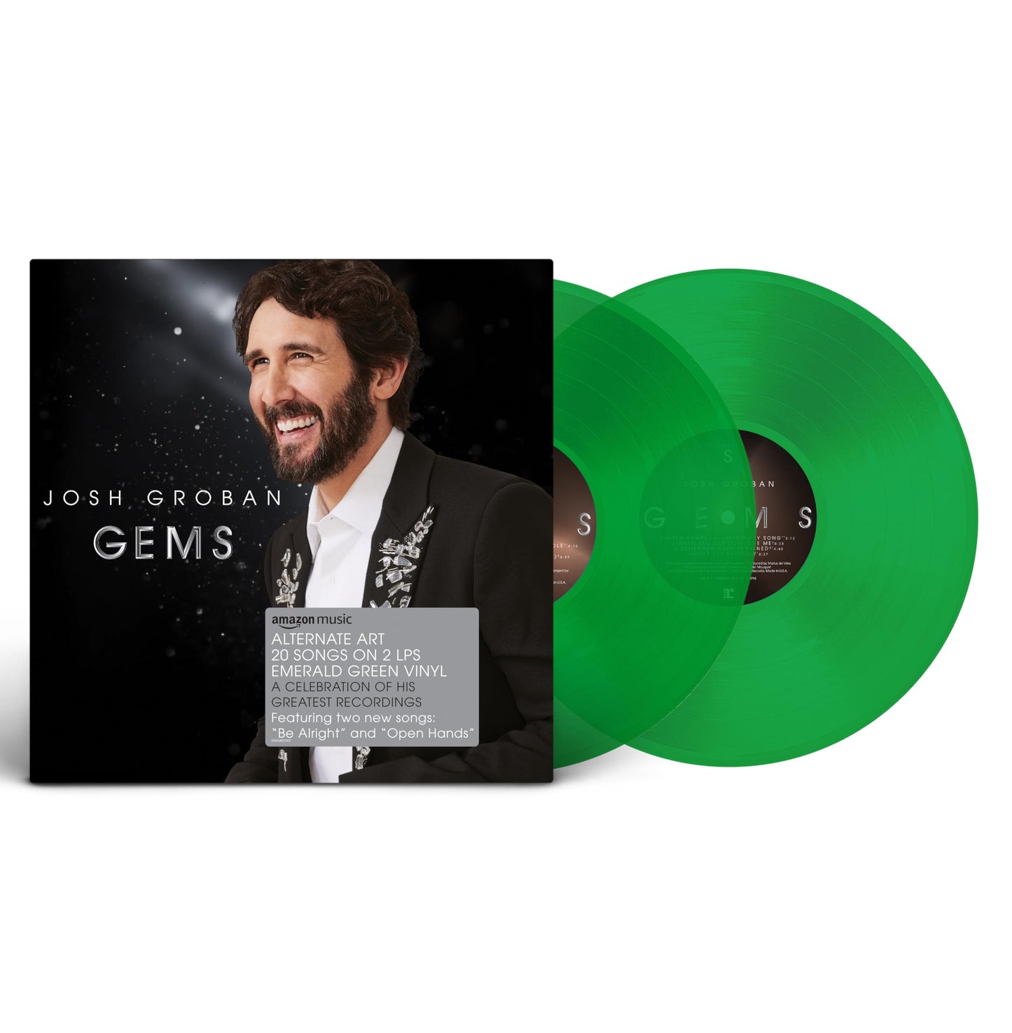 Josh Groban "Gems" vinyl record with emerald green discs and cover art.