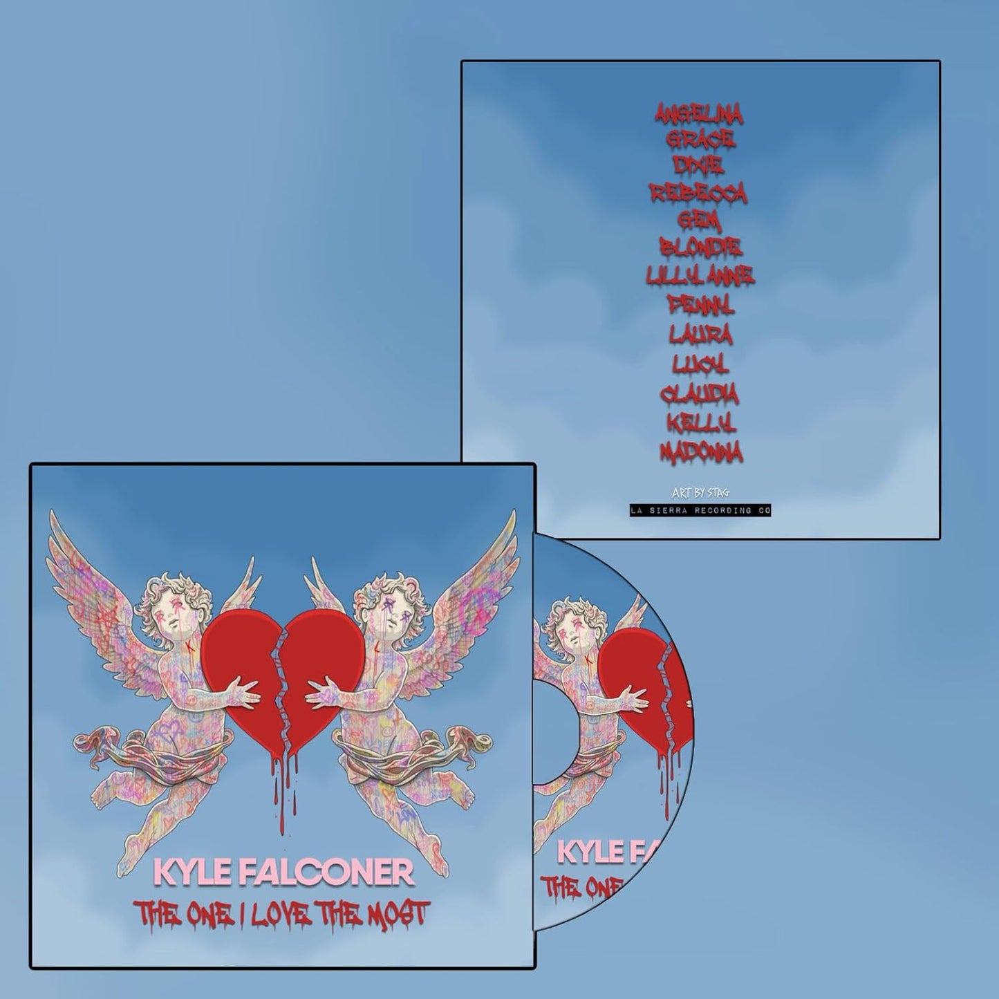 CD cover: split heart with winged figures, text "Kyle Falconer - The One I Love The Most".