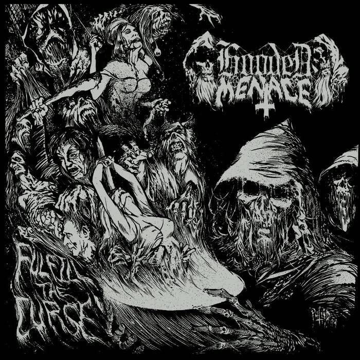 Black and white illustration of tormented figures and a hooded specter.