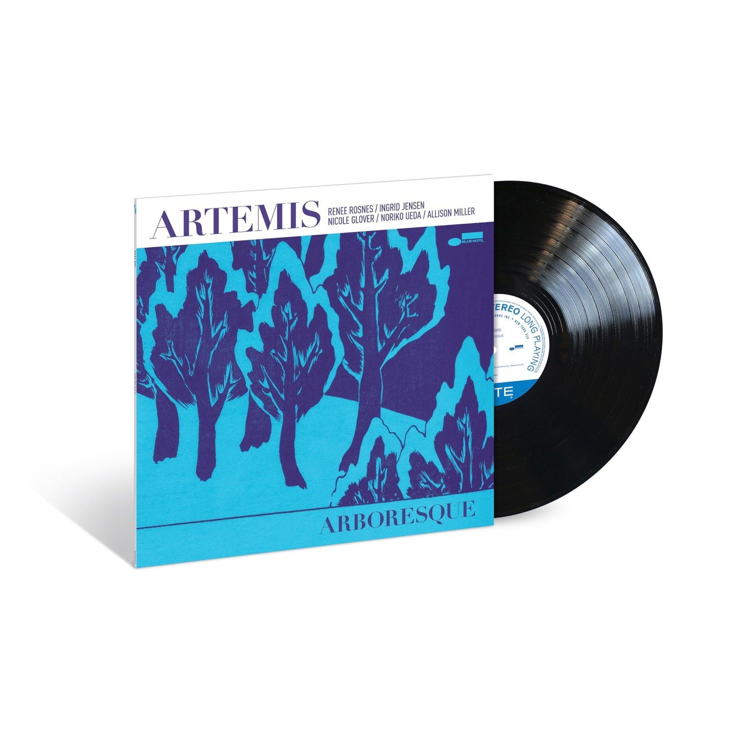 Vinyl record of “ARTEMIS - ARBORESQUE” with blue and black tree design.
