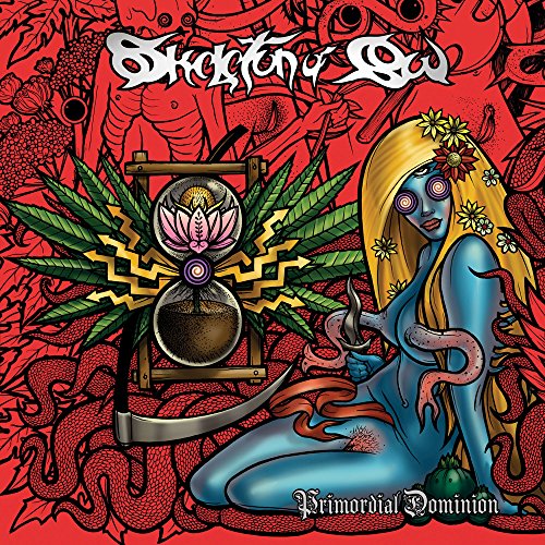 CD cover: blue woman, hourglass, floral elements, and ornate band logo on red.
