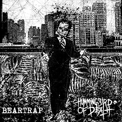 Black and white illustration of a skeletal figure in a suit, city background.