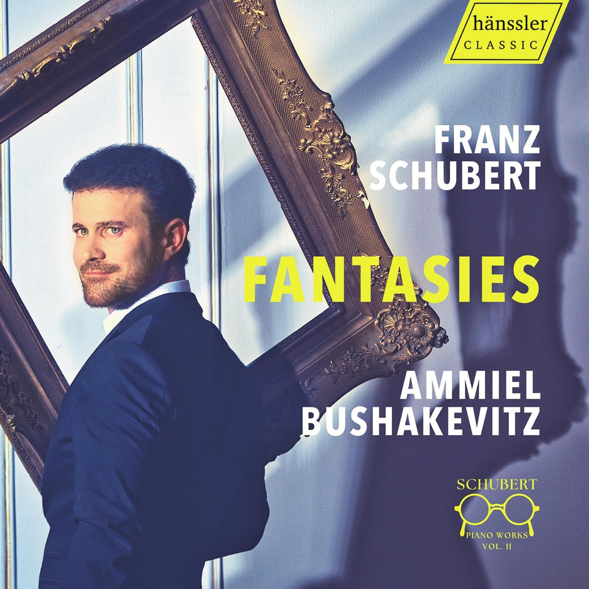 CD cover featuring pianist Ammiel Bushakevitz and composer Franz Schubert.