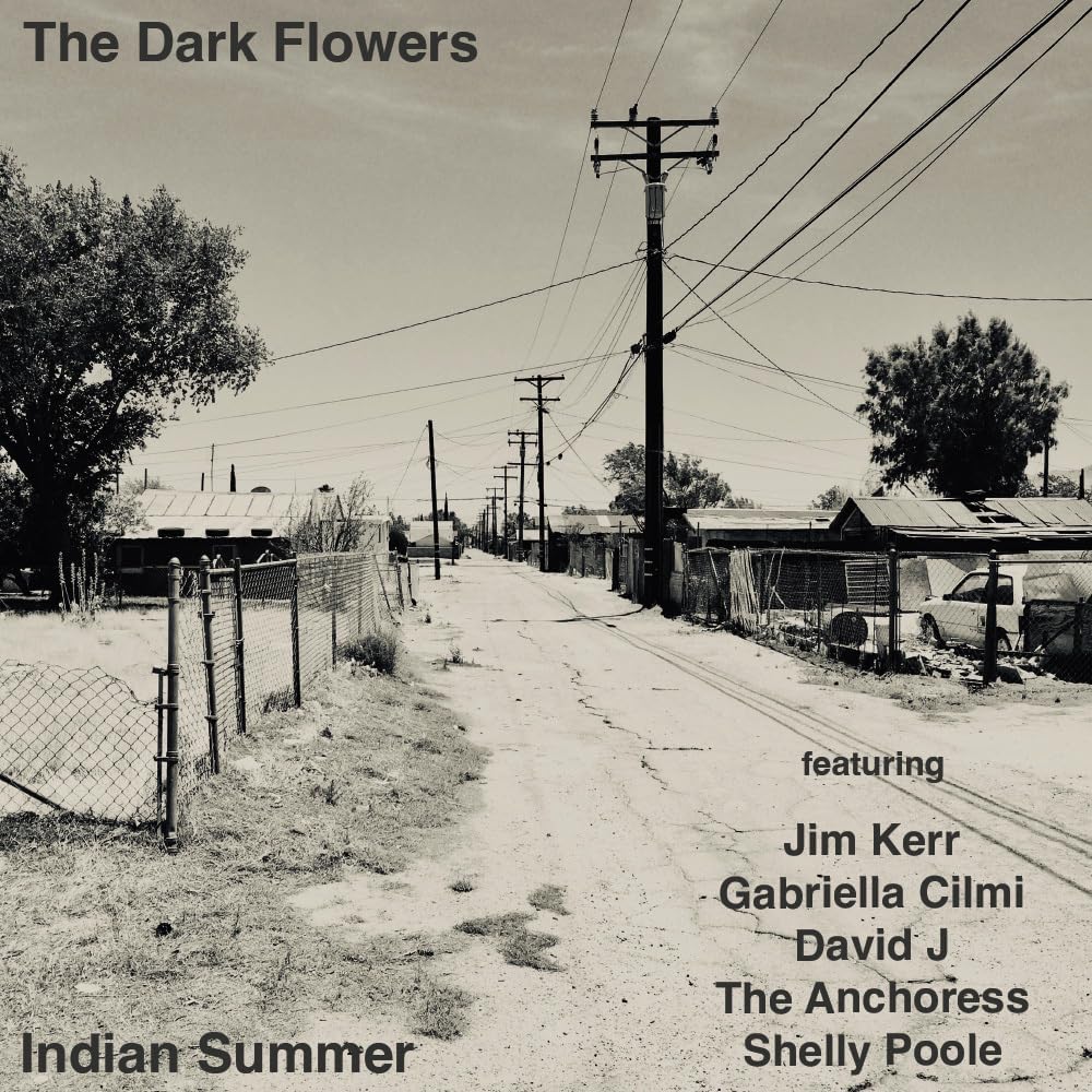 Black and white album cover depicting a rural road and power lines.