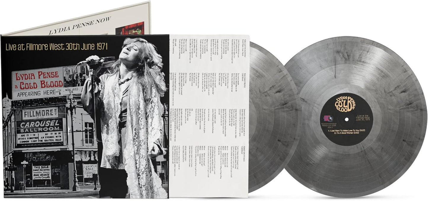Vinyl record of Lydia Pense & Cold Blood’s live album, silver marble effect.