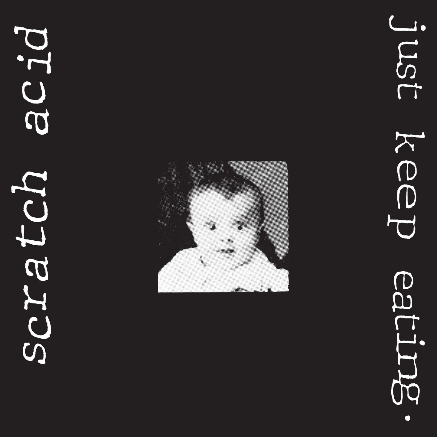 Black album cover with a baby portrait and white text.
