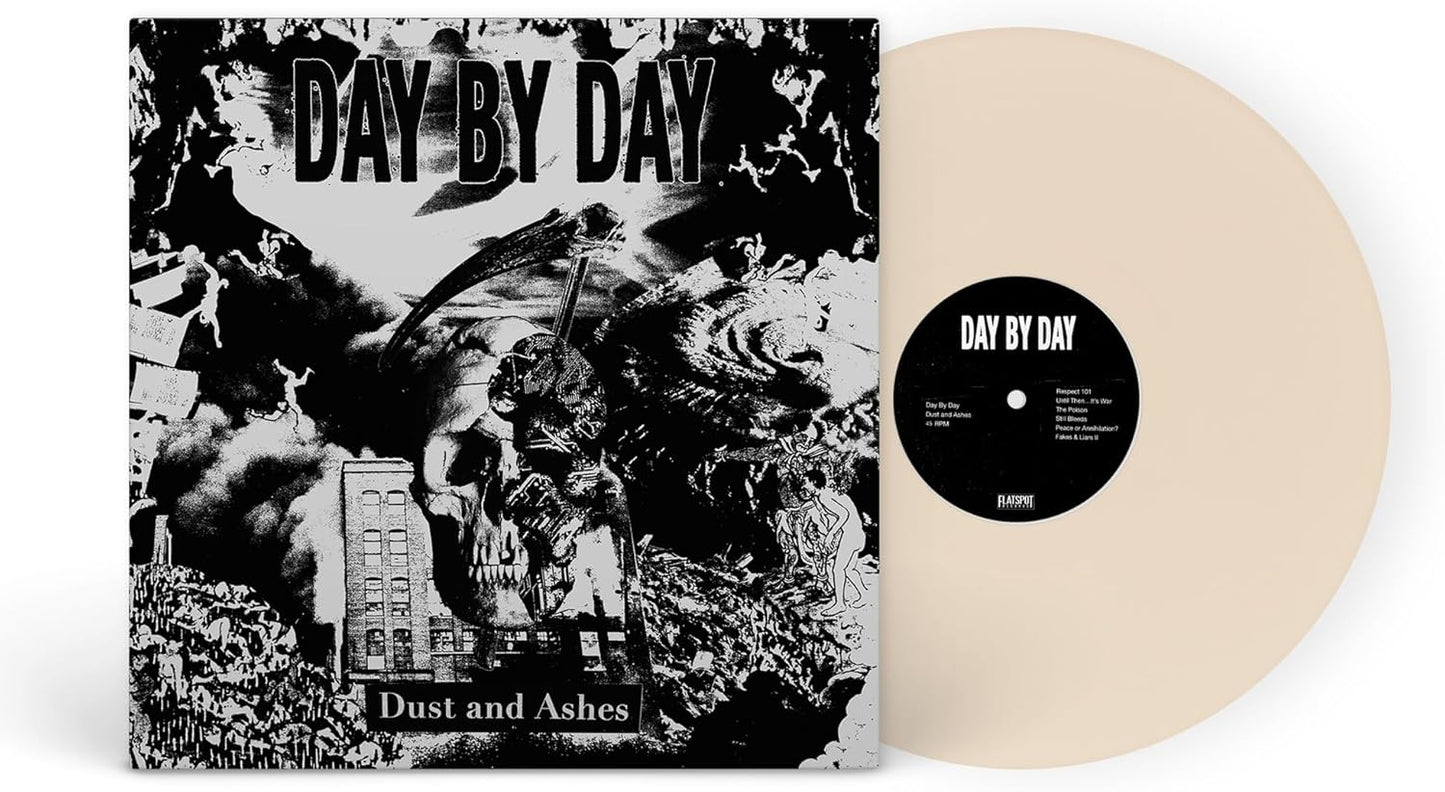 Vinyl record for "Day By Day - Dust & Ashes" with apocalyptic imagery.