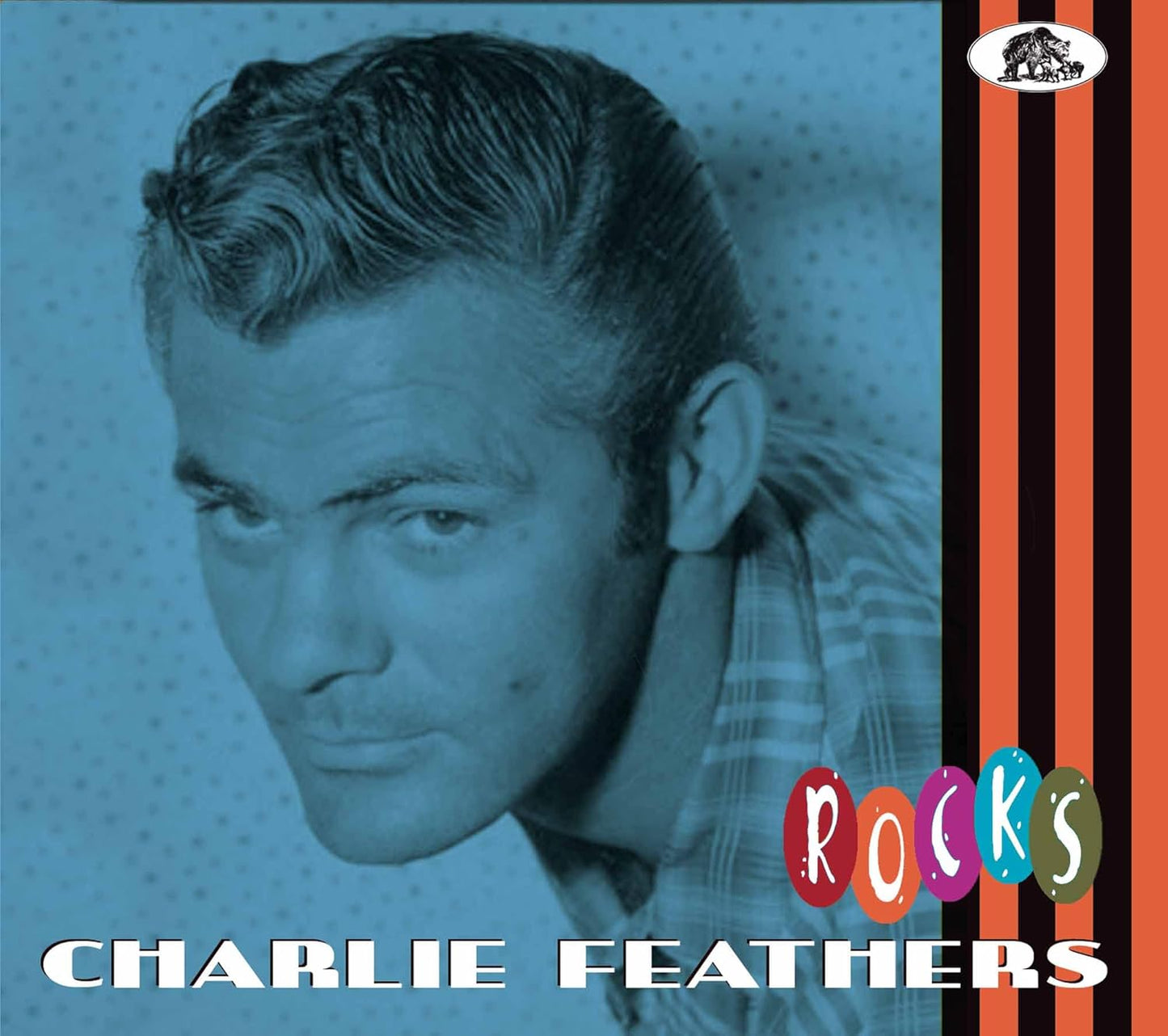 CD cover: black and white portrait of Charlie Feathers with turquoise accents.