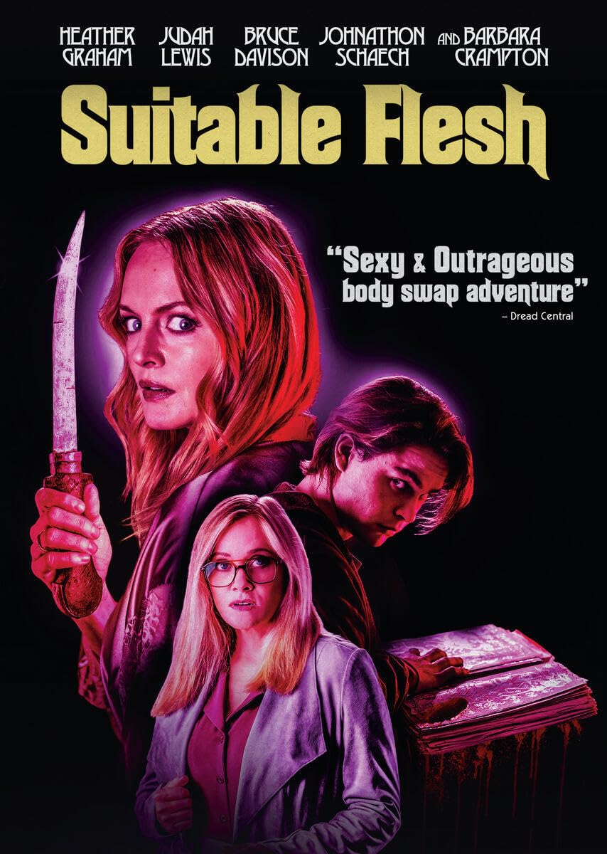 DVD cover for "Suitable Flesh" featuring two women and a man, a knife, and a book.