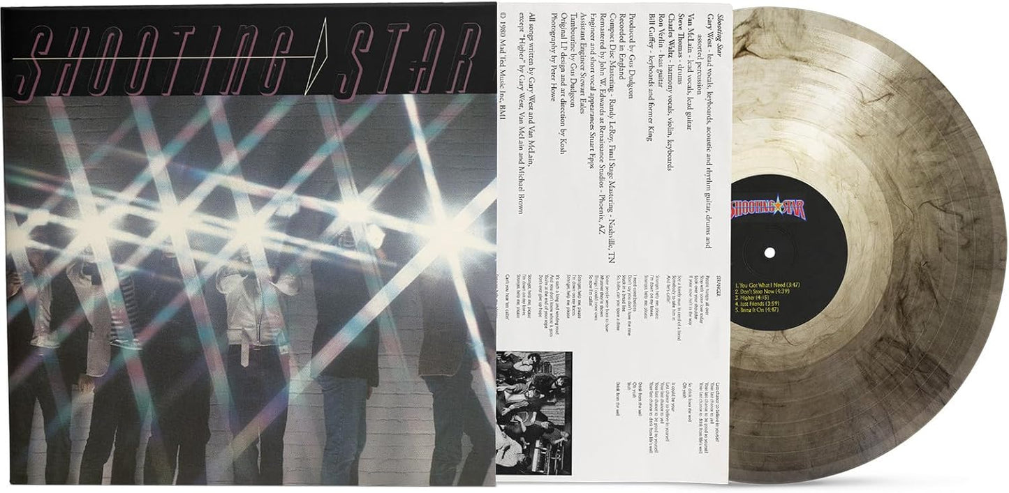 Vinyl record cover for "Shooting Star" with a purple and white cosmic design.