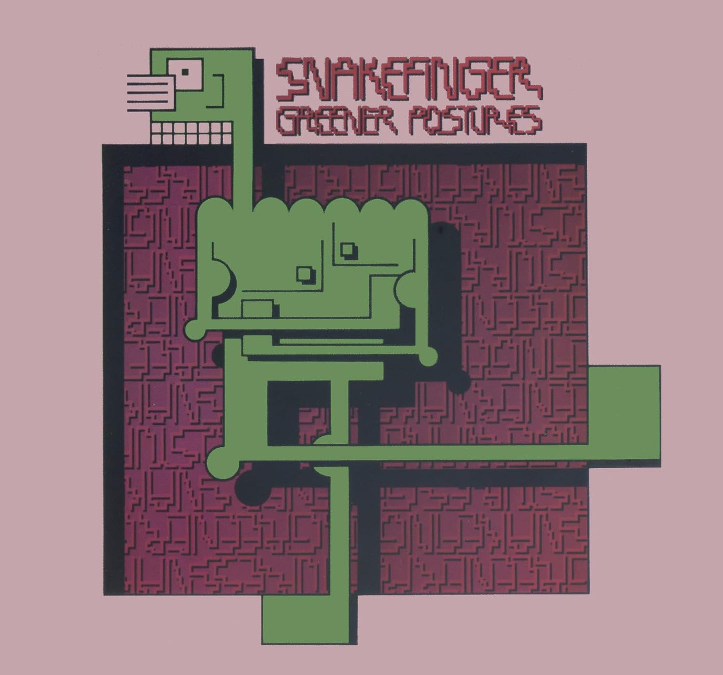 Abstract pixel art of a room with green and dark red elements.