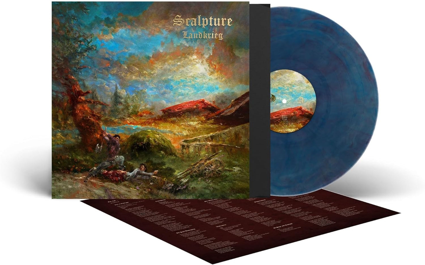 Vinyl record of "Landkrieg" by Scalpture, with painted landscape cover art.