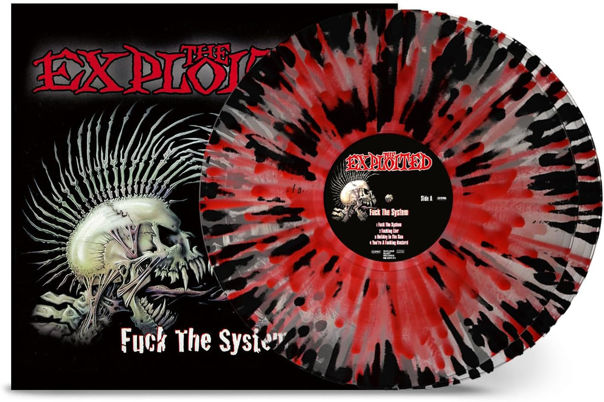 The Exploited "Fuck The System" vinyl record with black and white swirl pattern.